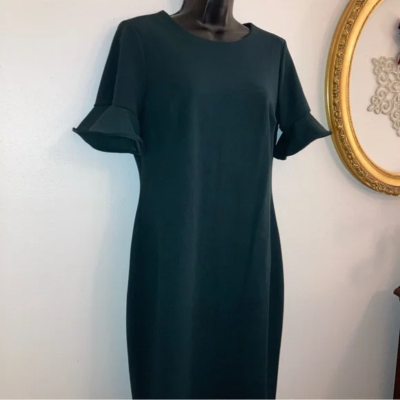 NEW Calvin Klein Fall Green Ruffle Short Sleeve Pencil Sheath Formal Dress 10 - Picture 3 of 17